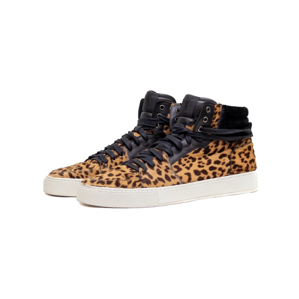 Saint Laurent‎ Men's Leopard Pony Hair Leather High Top Sneakers – Size US 12